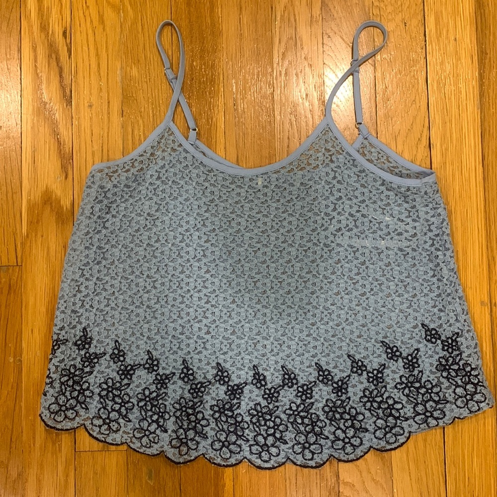 Mine Blue Lace Pattern Spaghetti Strap Tank Top, w/ Scalloped Trim, Size Small